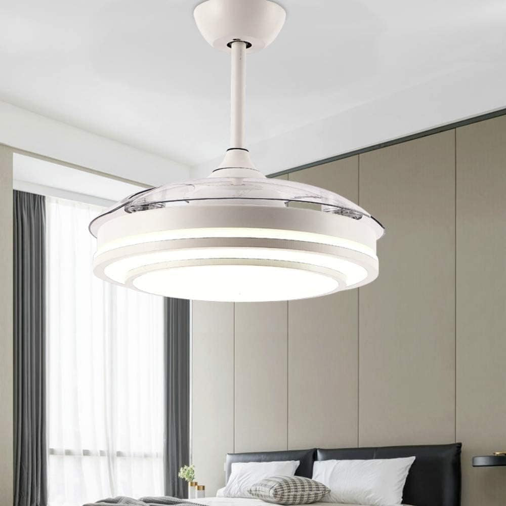 Reversible Retractable Ceiling Fans with LED Light and Remote Control, 42 Inch Invisible Ceiling Fan Chandelier with 4 Clear ABS Blades, Bedroom Fandelier Indoor Ceiling Light Kits with Fans (White)